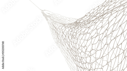 Close-up shot of a beige fishing net draped against a plain white background. The net's texture is clearly visible, showcasing the intricate knotting and mesh pattern. The image is well-lit, with