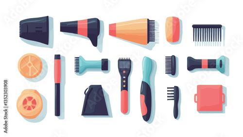 A digital illustration showcasing a collection of various pet grooming tools. The image features several types of brushes, combs, a hair dryer, a small pouch, and other grooming accessories.  The