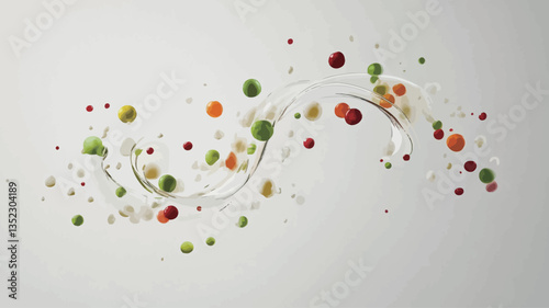 The image shows a dynamic composition of various small pieces of fruit and vegetables suspended in mid-air against a plain white background. The fruits and vegetables appear to be in motion,