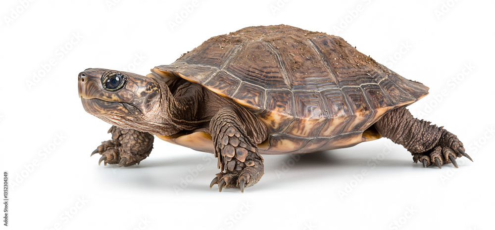 Obraz premium Tortoise walking, white background, studio shot, wildlife