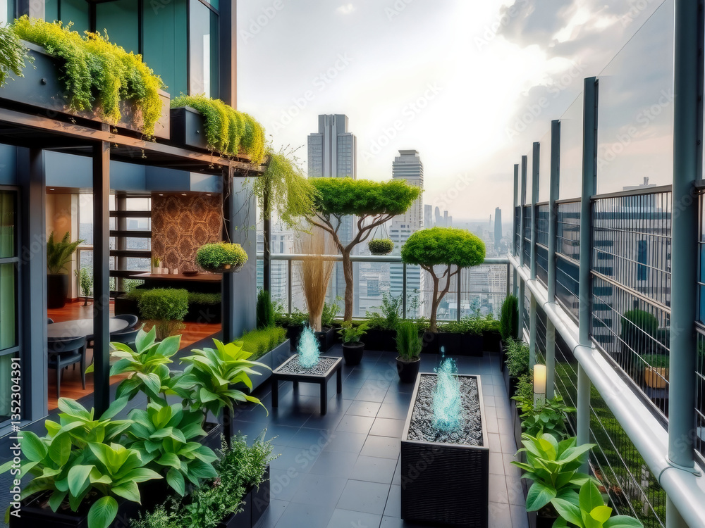 A balcony with a fire pit and a fountain. The fountain is blue and the fire pit is red. The balcony is surrounded by potted plants and has a view of the city