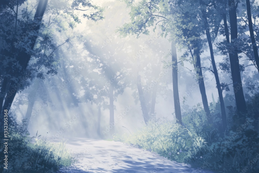 Naklejka premium Forest path in morning fog ethereal mood and soft diffused light with space for text above