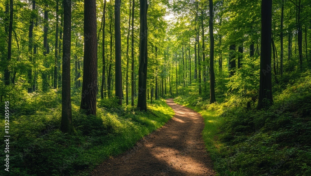 Sunlit forest path. Lush greenery, tall trees, pathway Sunlit forest path. Lush greenery, tall trees, pathway
