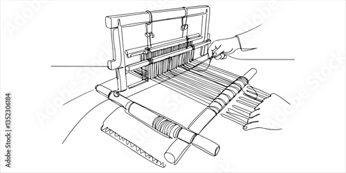 Traditional Weaving Demonstration Local artisans demonstrating traditional weaving techniques at a cultural heritage center, continuous single one line art hand drawing sketch white background