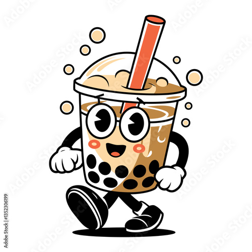Vector cute cartoon character is walking with a straw in a cup of bubble tea