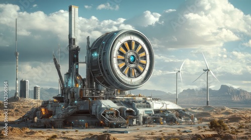 Futuristic cityscape with advanced machinery renewable energy technology and transportation systems in a sustainable energy efficient urban environment