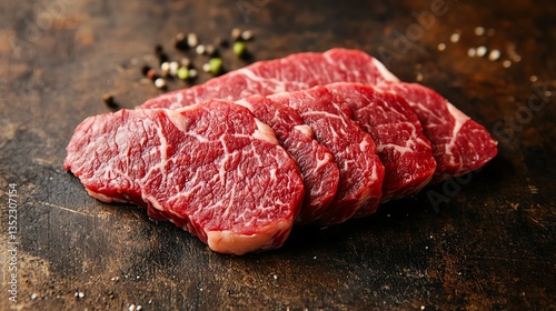 Dry-aged beef steak with rich marbling cooked medium-rare sliced thin and plated with gourmet presentation