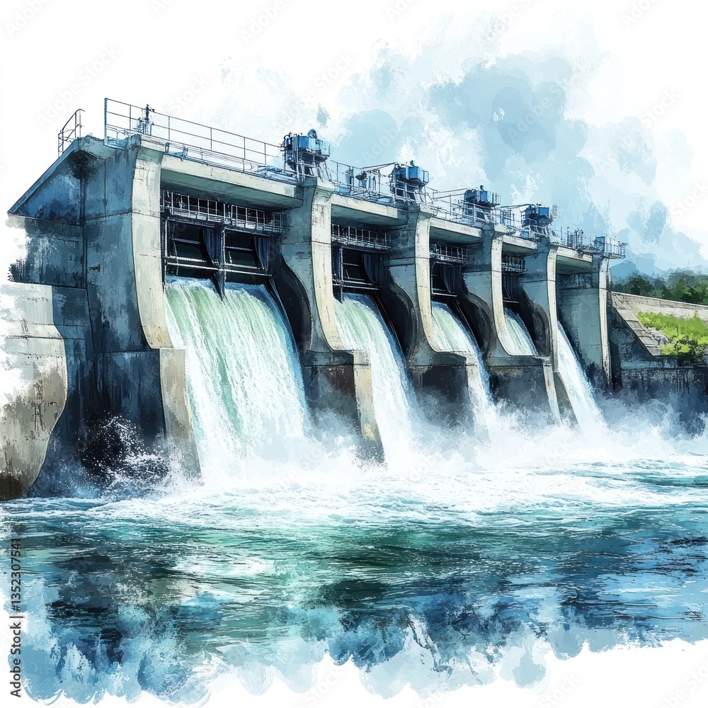 Impressive hydroelectric dam with powerful waterfall cascading through the floodgates generating renewable energy from the rushing river water flow Impressive hydroelectric dam with powerful waterfall cascading through the floodgates generating renewable energy from the rushing river water flow
