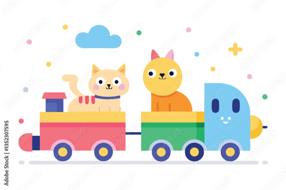Cartoon Train with Cats Illustration, Colorful, Playful, Isolated on White Cartoon Train with Cats Illustration, Colorful, Playful, Isolated on White