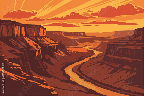 14 Breathtaking sunset over vast canyon landscape, dramatic orange and red sky, sun rays piercing through rock formations, layered sedimentary cliffs, winding river below, aerial perspective, vibrant 