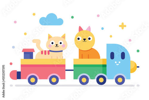 Cartoon Train with Cats Illustration, Colorful, Playful, Isolated on White