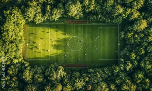 Aerial View of Soccer Field Surrounded by Lush Forest
