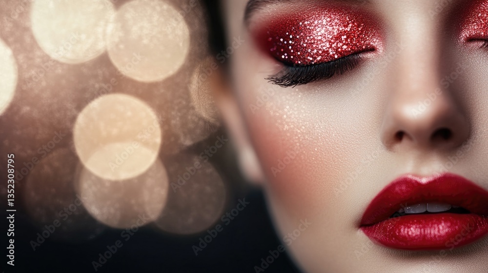 Fototapeta premium Close-up of a Woman's Face with Sparkling Red Glitter Makeup