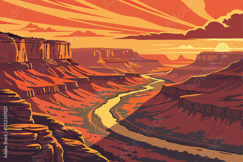 14 Breathtaking sunset over vast canyon landscape, dramatic orange and red sky, sun rays piercing through rock formations, layered sedimentary cliffs, winding river below, aerial perspective, vibrant 