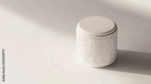 High-angle, close-up shot of a white cylindrical container with a subtle textured pattern on a plain white background.  The container has a flat lid.  A shadow cast by a light source is visible to