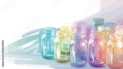 The image shows a collection of small, pastel-colored glass jars arranged in a row on a white surface. The jars are various shades of blue, green, yellow, orange, and purple.  The colors are soft