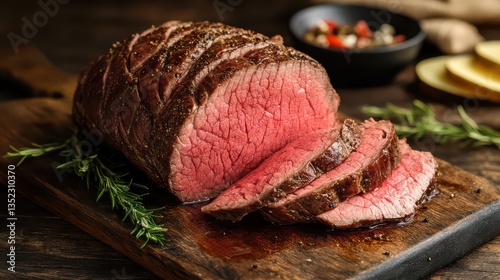 A round of roast beef sliced into pieces that highlight the soft, tender texture, with each piece dripping with juice.