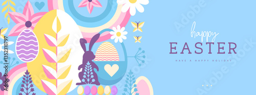 Holiday flat Easter poster or banner with rabbit, Easter eggs, willow branch and flowers. Vector illustration