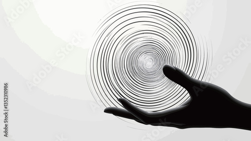 The image is a monochrome, high-contrast photograph or digital illustration showing a human hand silhouette in profile view, appearing to hold or interact with a stylized representation of
