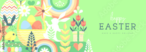 Holiday flat Easter poster or banner with rabbit, Easter eggs, willow branch and flowers. Vector illustration