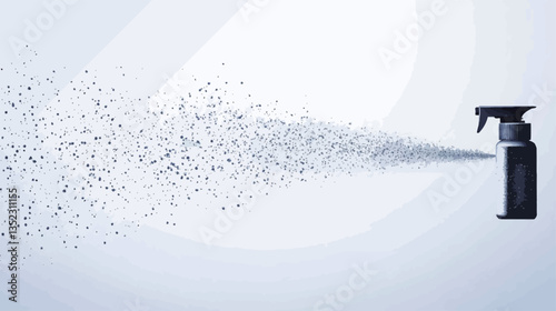 Close-up studio shot of a black spray bottle dispensing a fine mist against a bright white background. The mist is depicted as a cloud of tiny, dark particles dispersed in a dynamic pattern,