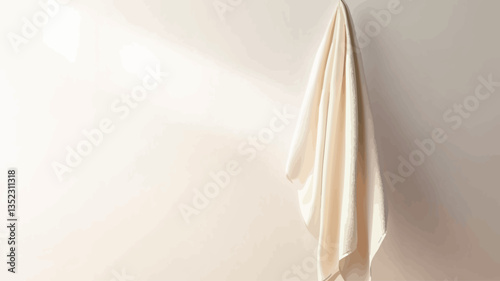 The image shows a piece of cream-colored fabric draped and hanging from a hook against a plain white wall.  The fabric has soft folds and wrinkles. Sunlight streams in from the left, creating a