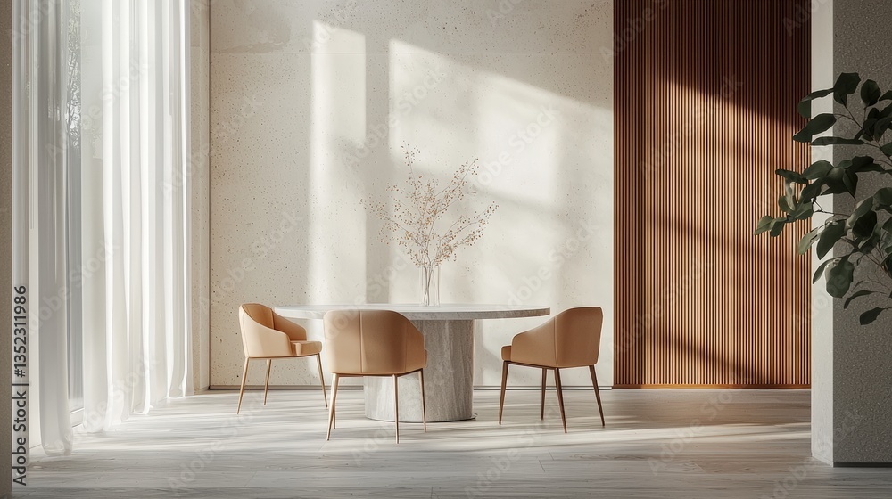 Fototapeta premium a modern dining room with a white table and chairs 
