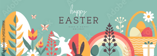 Holiday flat Easter poster or banner with rabbit, Easter eggs, willow branch and flowers. Vector illustration
