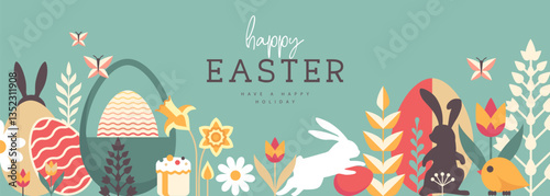 Holiday flat Easter poster or banner with rabbit, Easter eggs, willow branch, chicken and flowers. Vector illustration