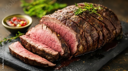 A round of roast beef sliced into pieces that highlight the soft, tender texture, with each piece dripping with juice.