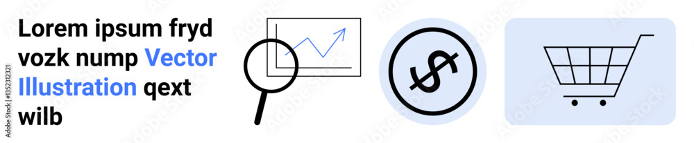 Magnifying glass over a chart, dollar sign in a circle, and shopping cart. Ideal for business, finance, shopping, analytics, e-commerce, marketing startup themes simple landing page Magnifying glass over a chart, dollar sign in a circle, and shopping cart. Ideal for business, finance, shopping, analytics, e-commerce, marketing startup themes simple landing page