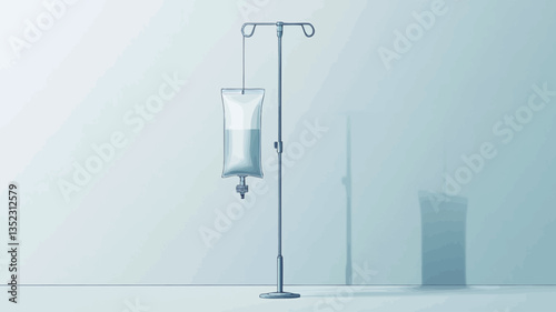 A digitally rendered image of a single intravenous (IV) fluid bag hanging from a metal stand against a plain white background. The bag is depicted as a flexible, slightly translucent plastic pouch