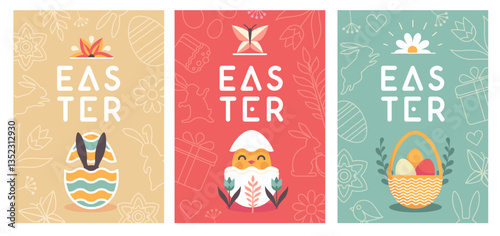 Set of holiday  Easter flat party posters with rabbit, Easter eggs, willow branch, chicken and flowers. Vector illustration