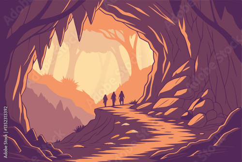 15 Fantasy cave interior, glowing crystals, colorful rock formations, vibrant orange and purple lighting, narrow winding path, shadowy figures, mystical atmosphere, dramatic stalactites and stalagmite