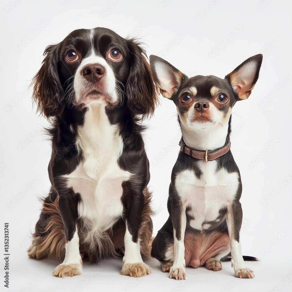 Two dogs, brown and black, one taller, both standing indoors against a white background, pets usage Two dogs, brown and black, one taller, both standing indoors against a white background, pets usage