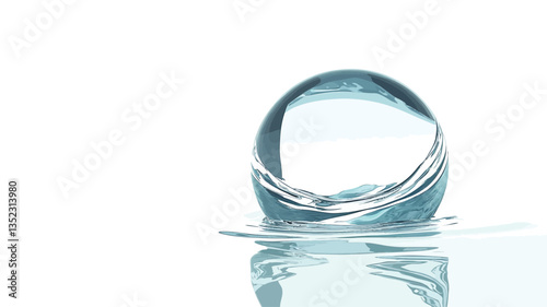 Close-up shot of a transparent sphere-shaped water droplet impacting a flat water surface. The droplet creates a small ripple effect on the surface. The image is predominantly light blue and white,