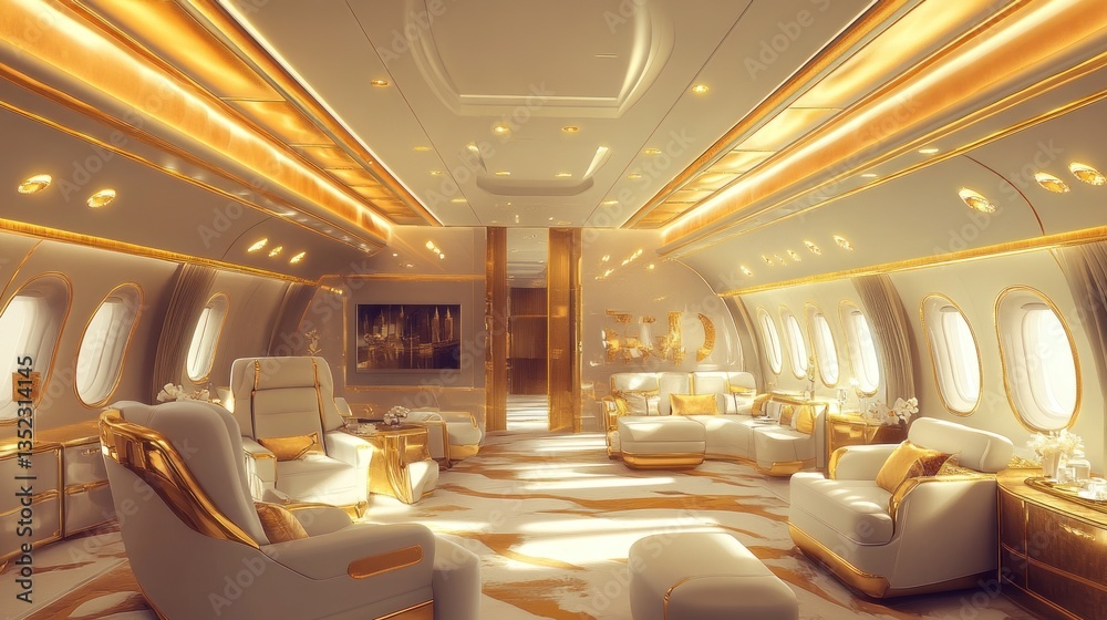 Fototapeta premium Opulent Luxury Private Jet Interior Design: Gold Accents and Plush Seating