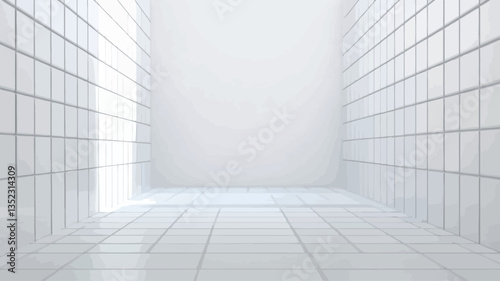 The image depicts a digitally rendered, abstract interior space. The scene is rendered in various shades of white, featuring a corridor-like structure with walls and floor composed of a repetitive