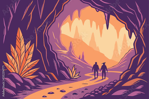 15 Fantasy cave interior, glowing crystals, colorful rock formations, vibrant orange and purple lighting, narrow winding path, shadowy figures, mystical atmosphere, dramatic stalactites and stalagmite