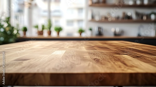 Empty wooden table in modern kitchen.