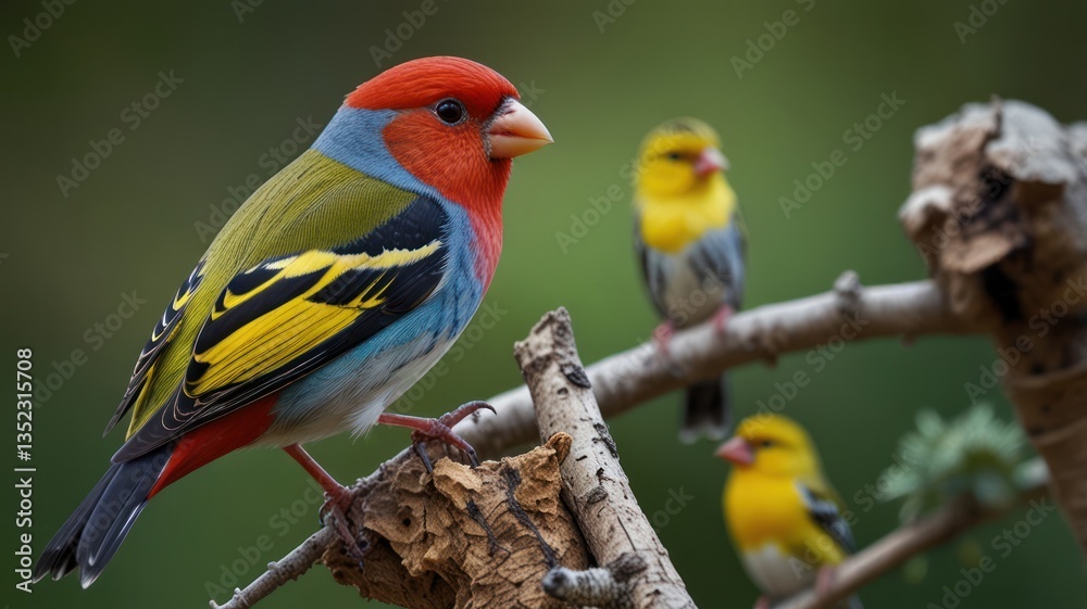 A bird perched on a branch stands out in vivid color against a soft, natural background A bird perched on a branch stands out in vivid color against a soft, natural background