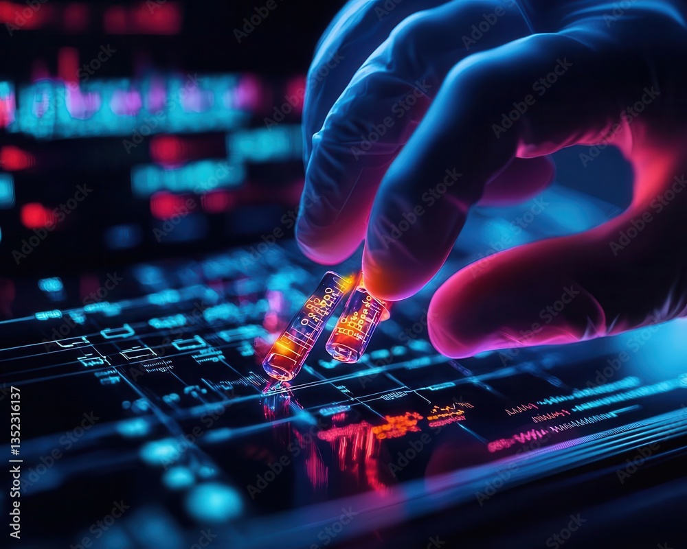 AI analyzing microbiome data, glowing microbes and DNA sequencing in sleek futuristic bioengineering lab AI analyzing microbiome data, glowing microbes and DNA sequencing in sleek futuristic bioengineering lab