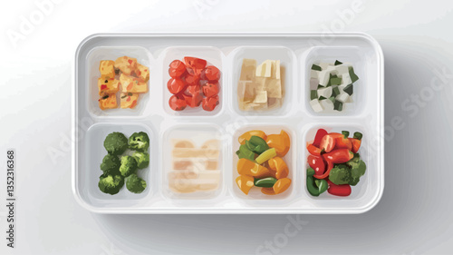 Overhead close-up shot of a white rectangular tray divided into eight compartments. Each compartment contains a different type of chopped vegetable, including red cherry tomatoes, yellow bell