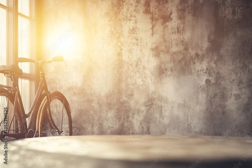 Obraz premium Vintage Bicycle Against Textured Concrete Wall with Warm Light from Window in Modern Setting