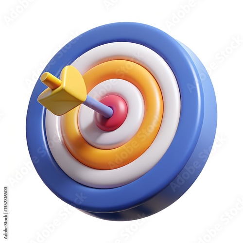 Stylized 3D target, bullseye, dart hitting center, colorful concentric circles, blue outer ring, yellow inner rings, red center