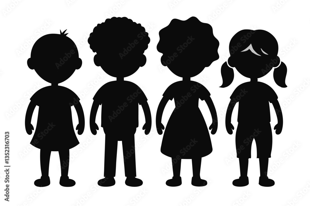 Diverse Children Silhouette Four Kids Standing Together, Childhood, Unity, Friendship Diverse Children Silhouette Four Kids Standing Together, Childhood, Unity, Friendship
