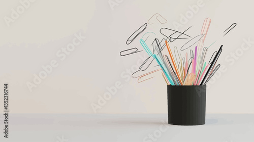 A 3D rendering depicts a black cylindrical holder against a plain white background.  The holder contains various brightly colored stationery items including paperclips of different colors and