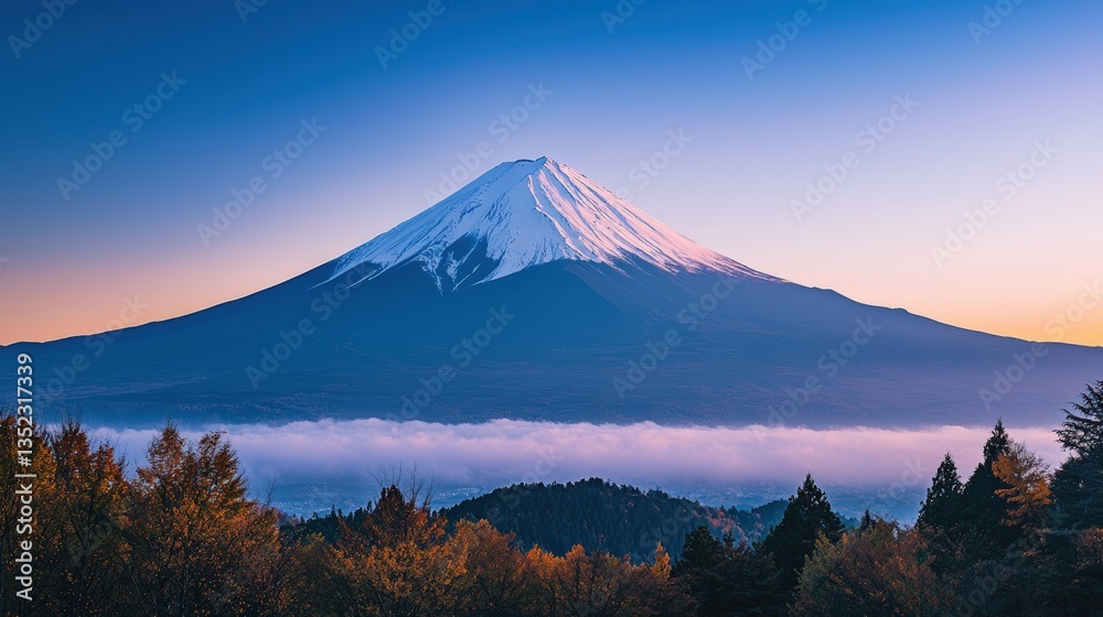 Fototapeta premium a beautiful Mount Fuji and the surrounding forest at sunrise 