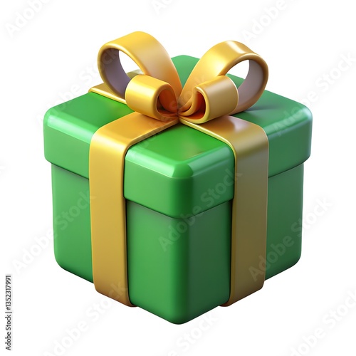 Green gift box, golden ribbon bow, square shape, shiny surface, festive, holiday present, 3D render, vibrant colors, decorative, glossy finish, celebration, surprise, detailed texture, iconic design,