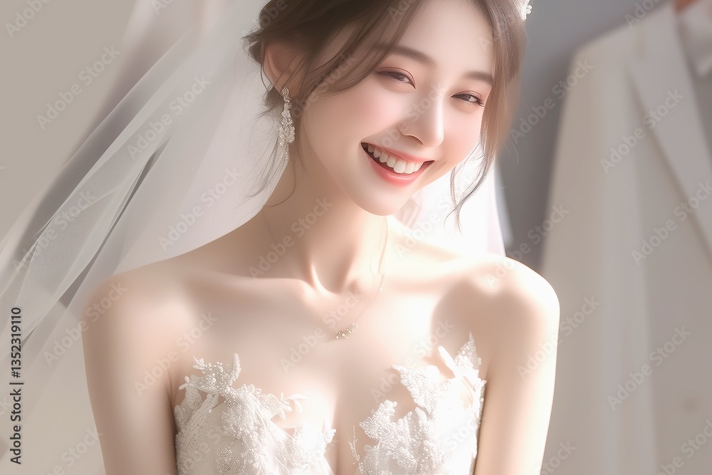 Beautiful Asian woman in wedding dress in bridal dressing room Beautiful Asian woman in wedding dress in bridal dressing room